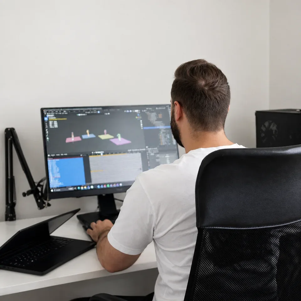 Ersan working on a 3D scene at his desk.