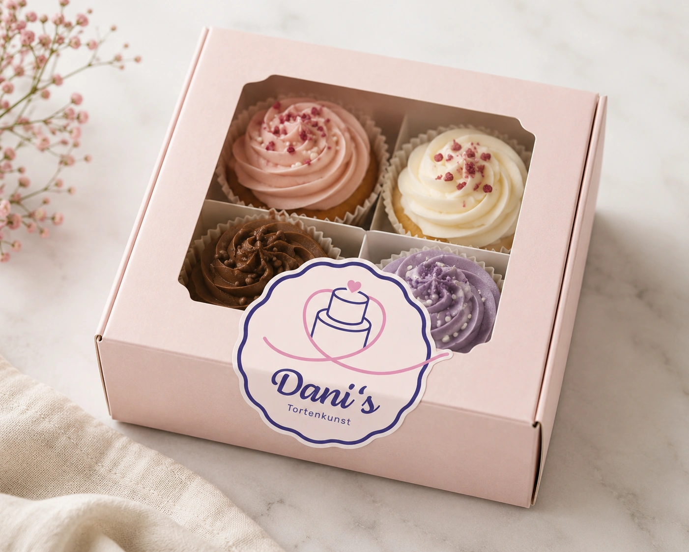 Dani's Tortenkunst branded cake box with cupcakes.
