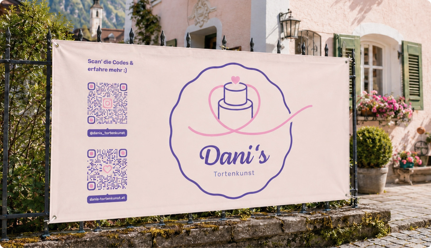 Dani's Tortenkunst outdoor signage with QR codes and brand mark.