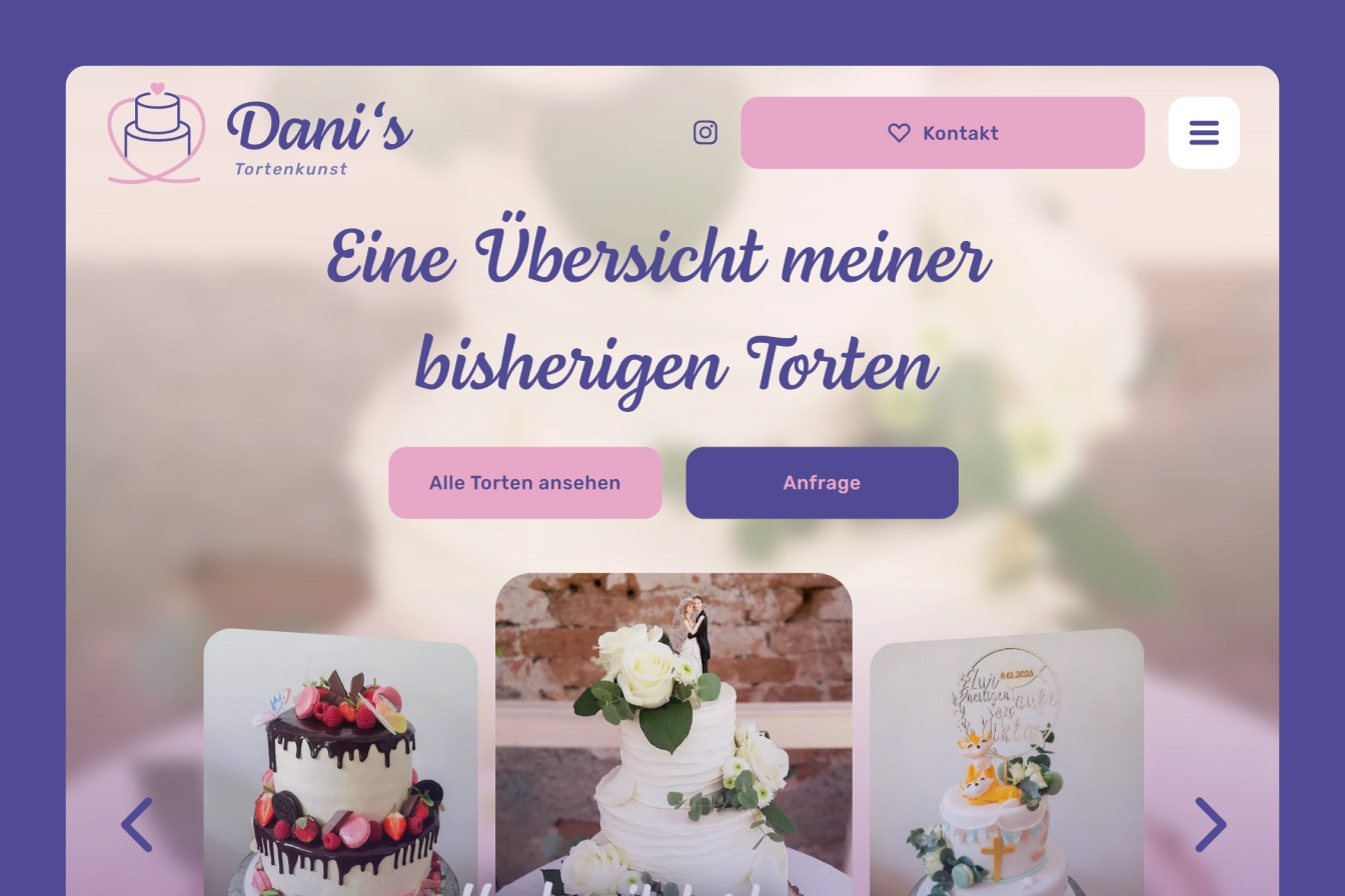 Dani’s Tortenkunst homepage overview with cake gallery.