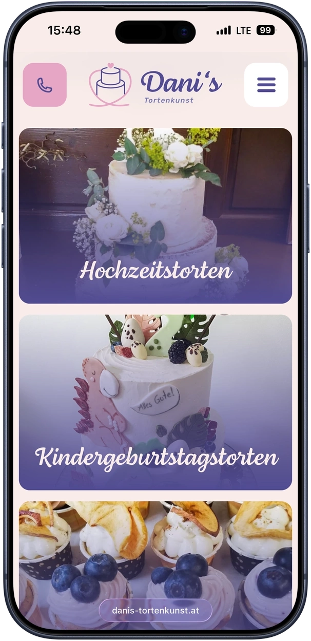 Mobile Dani's Tortenkunst category overview with cake cards.