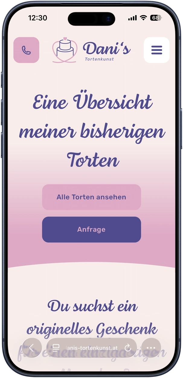 Mobile Dani's Tortenkunst homepage hero design.